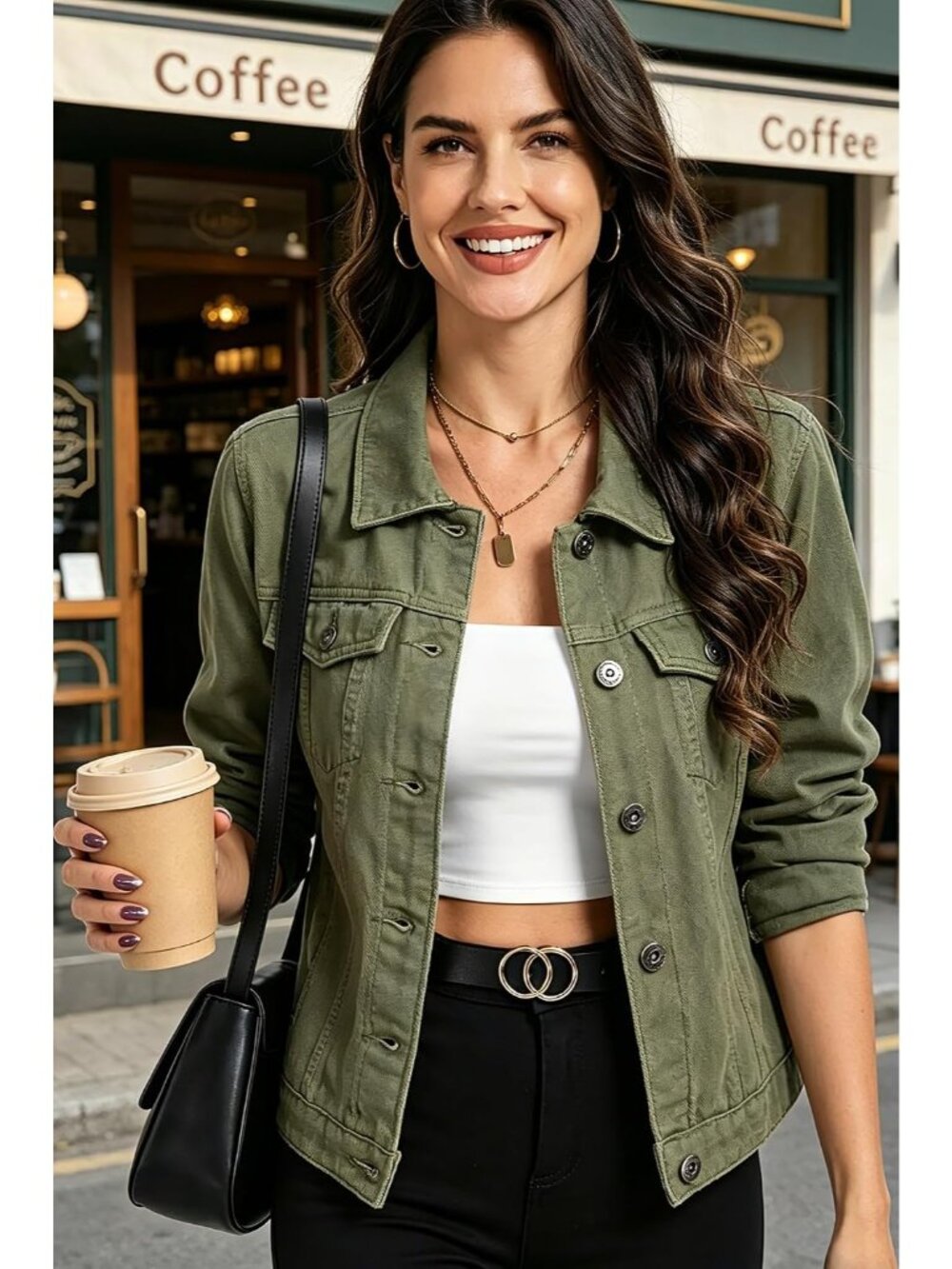 Women's Green Jean Basic Long Sleeve Button Down Denim Jackets Daily Wear - Picture 3 of 5